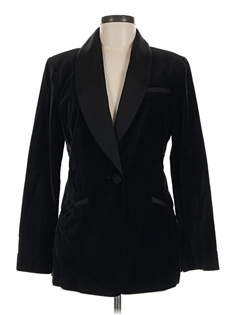 CAbi Black Velvet Tuxedo Blazer with Satin Shawl Collar. Medium